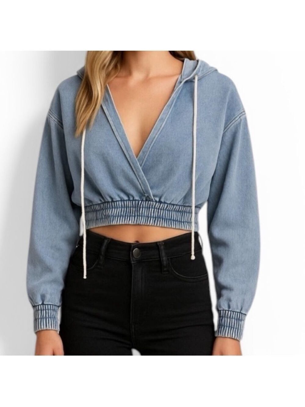 AKIRA Cropped Denim Hoodie Light Blue Wash Deep V Neck Elastic Waist Cuffs Sz S